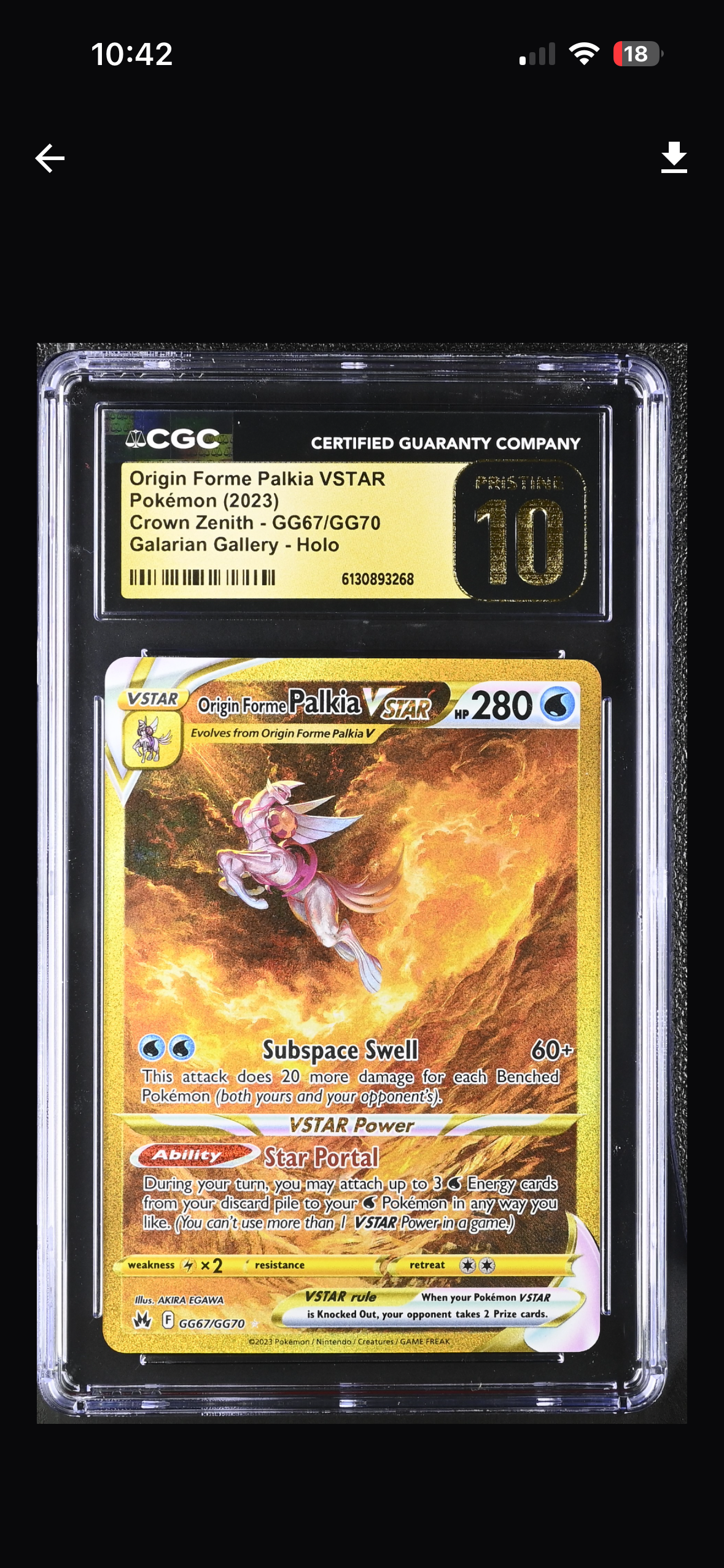 2023 Pokemon Crown Zenith Origin Forme Palkia VSTAR #GG67/GG70 CGC PRISTINE 10